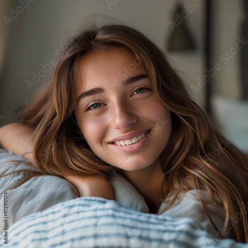 Happy Young Woman Relaxing in Bedroom after Wake Up