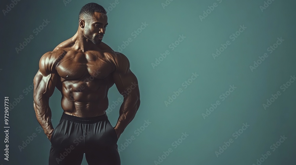 Obraz premium A muscular man with a beard, shirtless, wearing black pants, against a teal and red background.