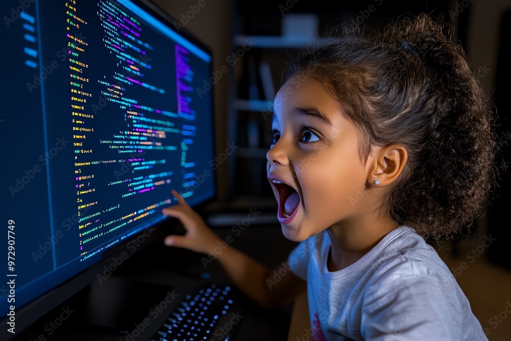 A young girl coding her first program, with lines of code on the screen ...