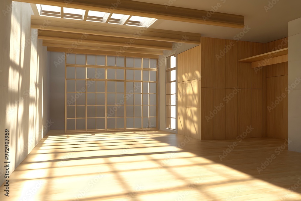 Fototapeta premium Modern Minimalist Interior Design With Wooden Beams And Large Windows