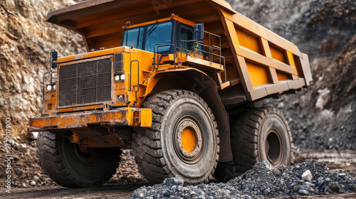 Close-up of a heavy-duty dump truck loading material at a mining operation