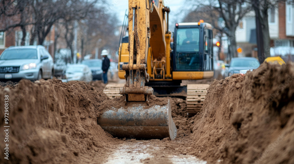 Fototapeta premium A crawler excavator digging a trench at a road construction site