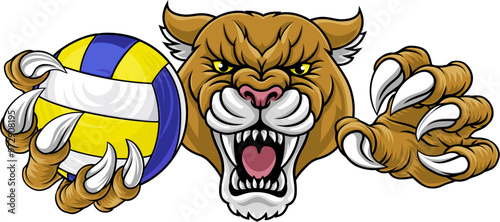 Cougar, panther, mountain lion or puma wildcat cat volleyball sports team mascot holding a ball photo