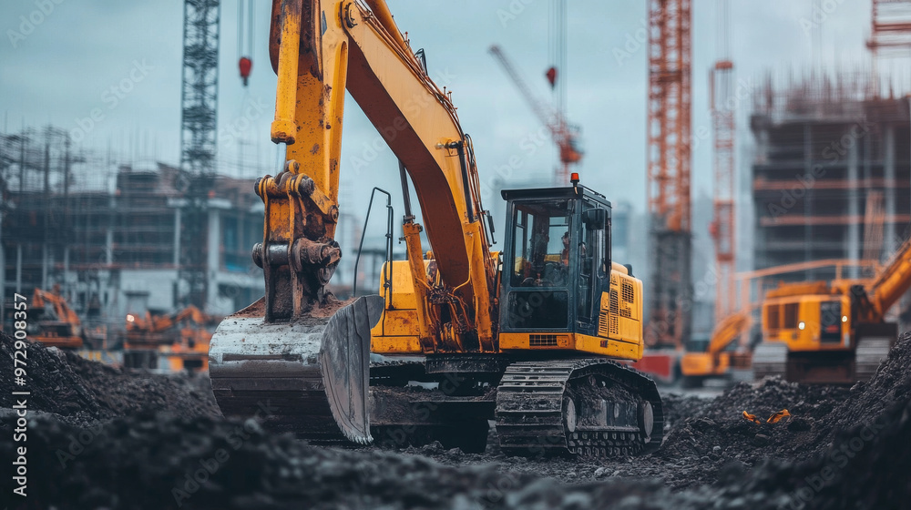 Heavy machinery working on a large-scale infrastructure project with cranes and loaders Heavy machinery working on a large-scale infrastructure project with cranes and loaders