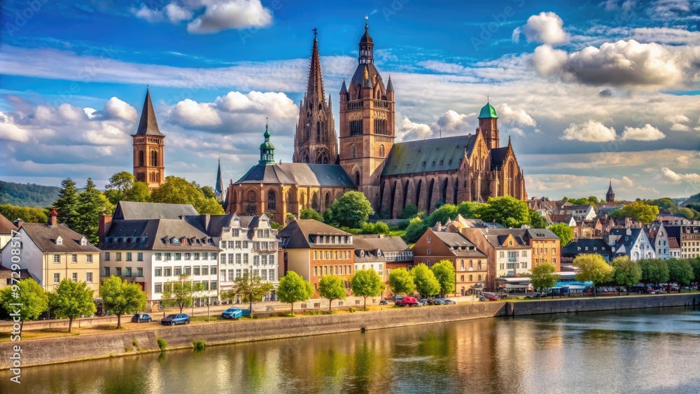 Cityscape of Worms along the Rhine River with the famous cathedral in the background, Worms, Rhein, Stadtpanorama, Dom Cityscape of Worms along the Rhine River with the famous cathedral in the background, Worms, Rhein, Stadtpanorama, Dom
