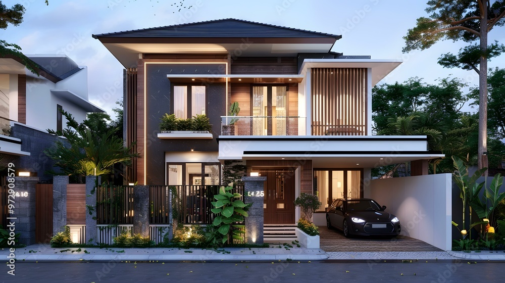 Fototapeta premium Modern Two Story House with Garage and Front Yard