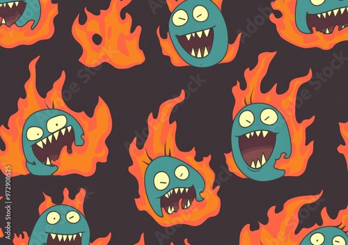 This seamless pattern illustration represents a dragon beasts Halloween theme