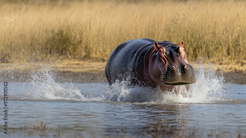 Hippopotamus Running Through Water