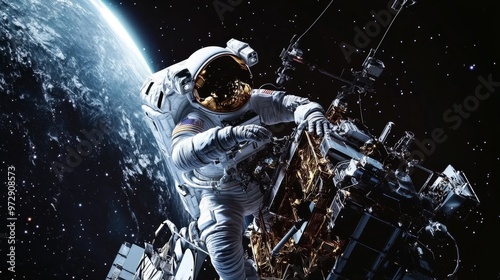Fototapeta Naklejka Na Ścianę i Meble -  Astronaut repairing a satellite in deep space with Earth in the background, intricate mechanical details, and glowing stars creating a futuristic, high-tech scene