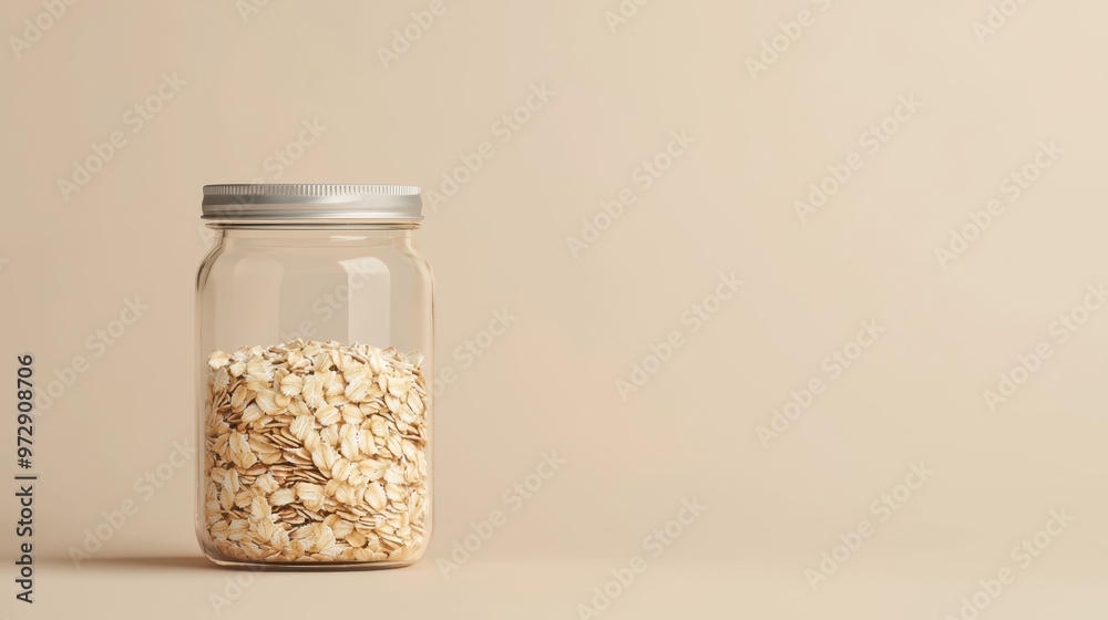 A jar of oatmeal is sitting on a table