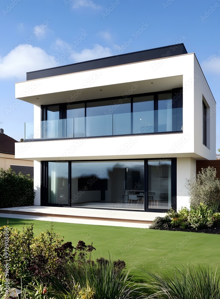 Modern Two Story Home With Glass Doors and Green Lawn