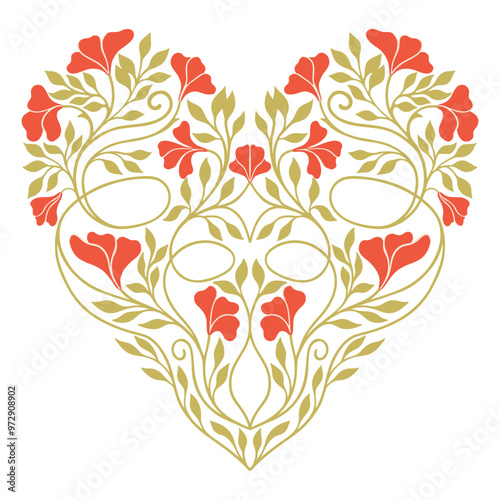 Floral Heart in Art Nouveau style. Valentines Day. Vector.