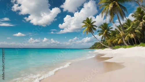 A vibrant tropical beach background with turquoise waters, white sand, and palm trees swaying in the