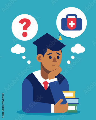 A recent college graduate postpones seeking treatment for a chronic condition due to the high costs of health insurance.. Vector illustration