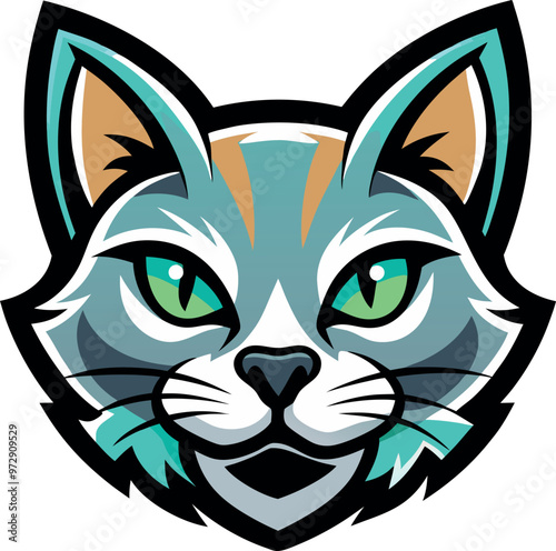 Vector logo of a black and white cat's head set against a white backdrop, showcasing its distinct features