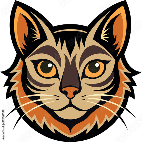 Vector logo of a black and white cat's head set against a white backdrop, showcasing its distinct features