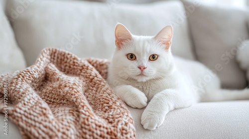 heartwarming image of cute white cat resting peacefully in bright and cozy living room at home