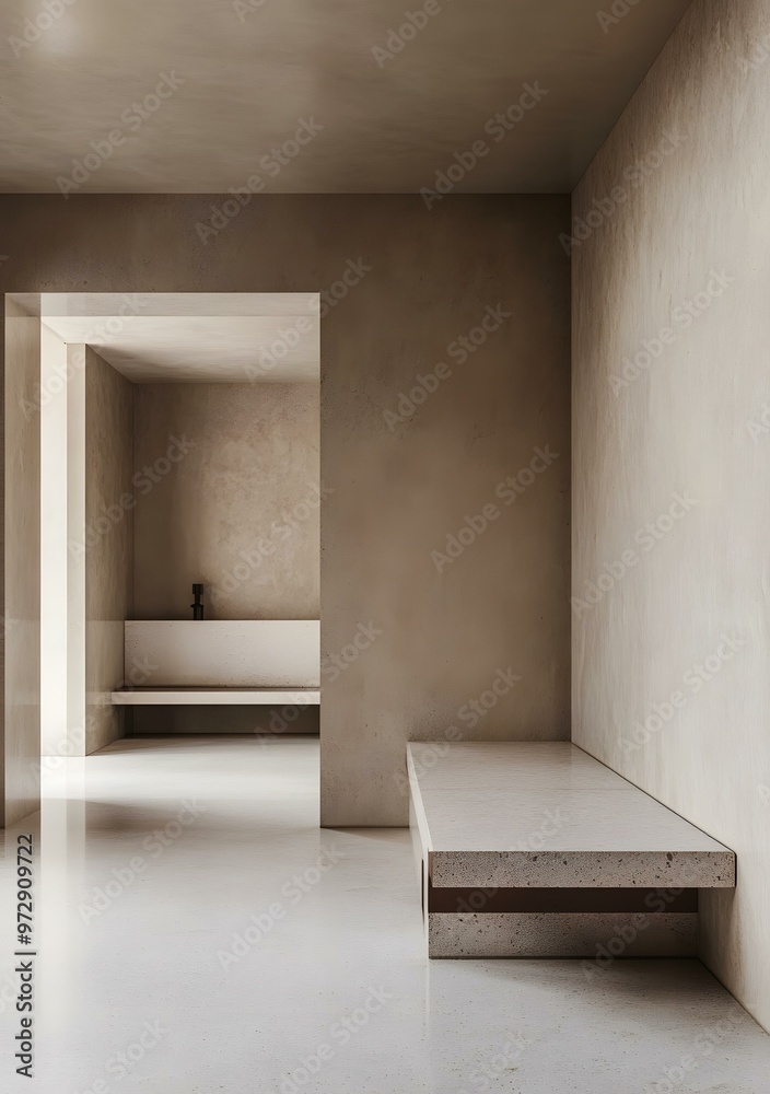 Fototapeta premium Minimalist Interior Design with Stone Walls and Bench