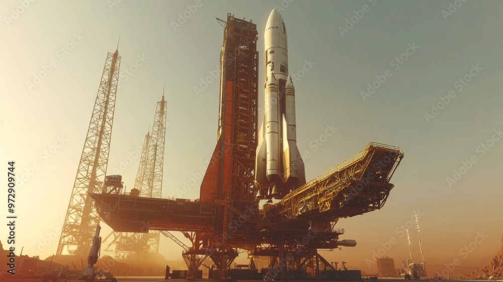 Obraz premium Engineers preparing a satellite for launch, intricate technology and machinery surrounding the spacecraft, with a towering launch pad in the background under a clear sky
