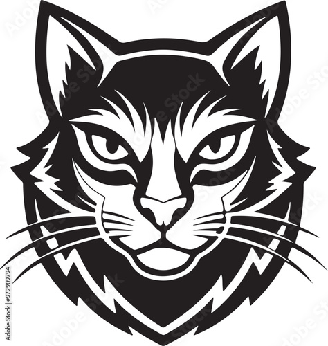 Vector logo of a black and white cat's head set against a white backdrop, showcasing its distinct features