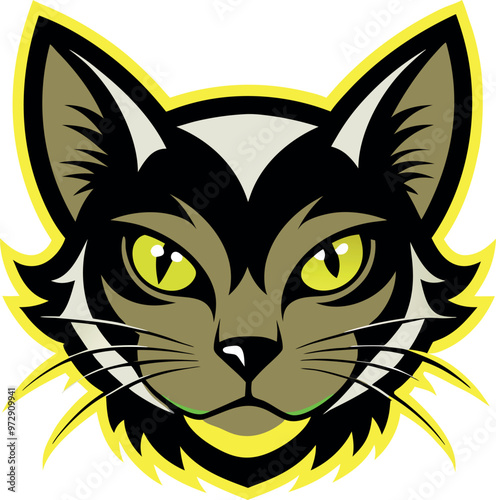 Vector logo of a black and white cat's head set against a white backdrop, showcasing its distinct features