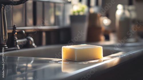 organic cold process soap bars laying at the sink photo