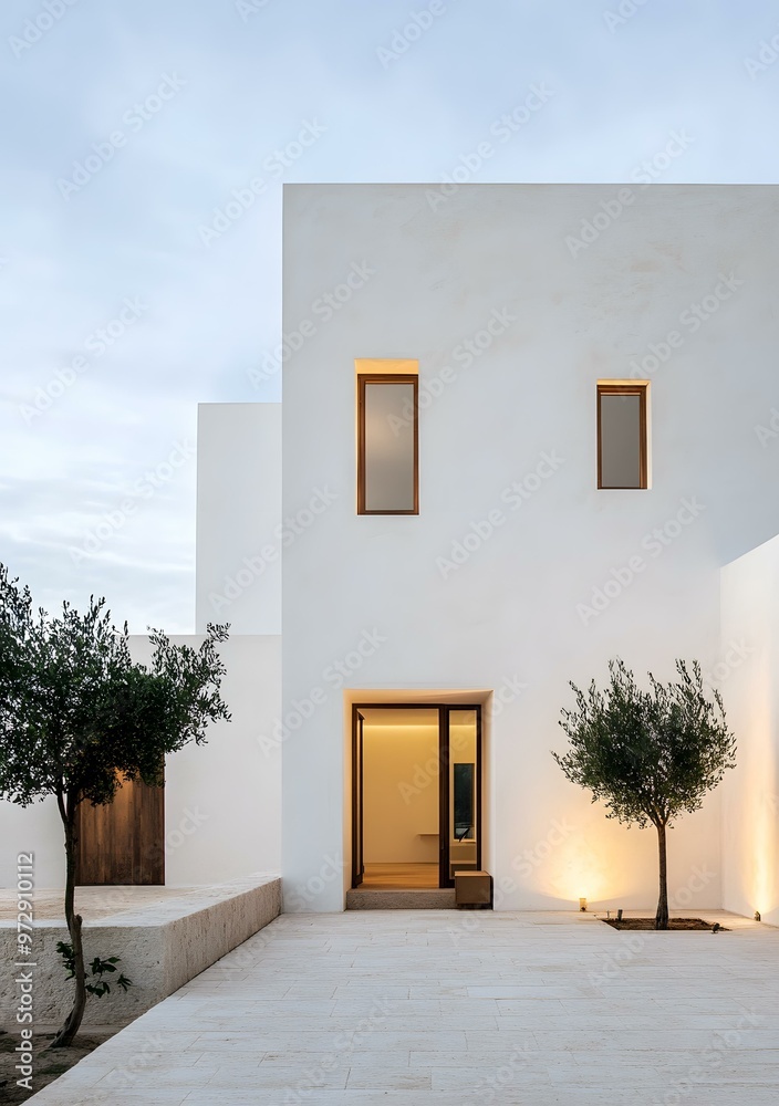 Naklejka premium Minimalist White House With Olive Trees And Patio