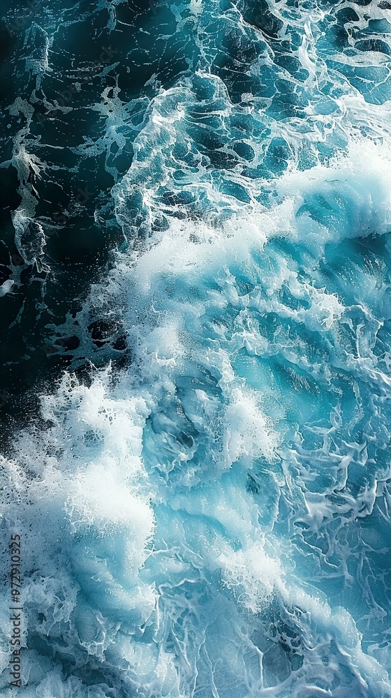 Aerial view of white ocean waves crashing against dark blue water. Aerial view of white ocean waves crashing against dark blue water.
