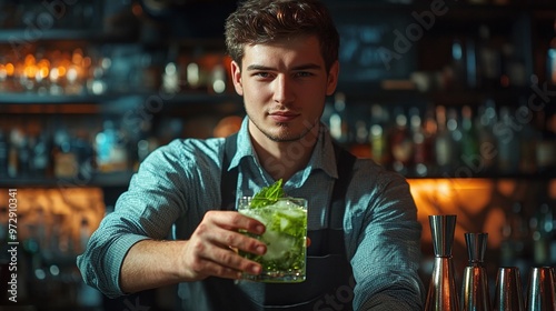 skilled bartender skillfully crafting refreshing green cocktail with creative ingredients in a bustling bar atmosphere photo