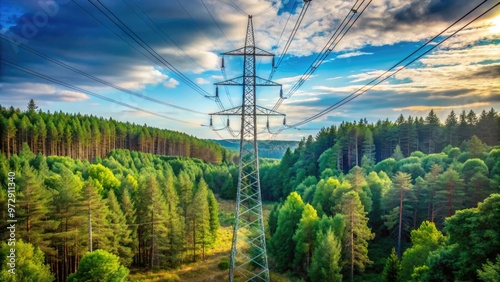 High voltage transmission tower and power lines in a forest setting, electric power