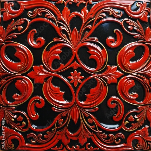 A close-up shot of a red and black tile with intricate design