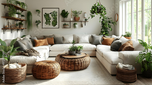 Cozy living room with plants and natural decor for relaxation and comfort.