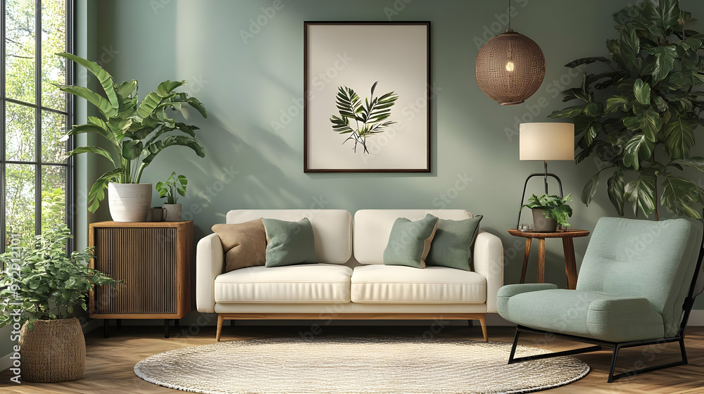 Fototapeta premium Cozy living room with plants, a sofa, and decorative elements for a relaxing atmosphere.