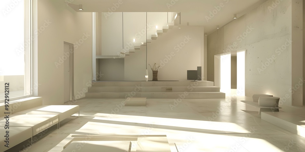 Modern Minimalist Interior Design With Concrete Stairs And Large Windows Modern Minimalist Interior Design With Concrete Stairs And Large Windows