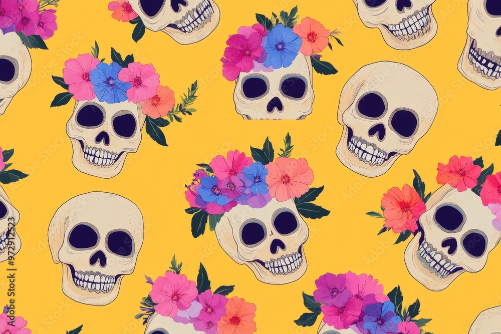 Yellow background with rows of Day of Dead skulls