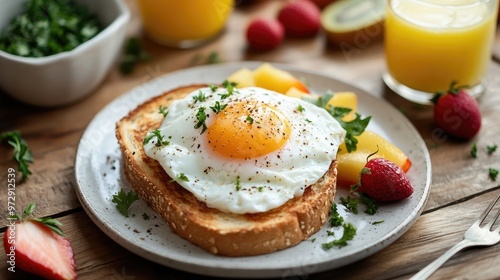 A breakfast scene featuring crispy toast with a poached egg on top, garnished with fresh herbs and served with a side of fruit and juice.