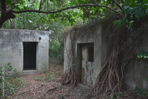 An abandoned house's entrance is lined with a tree