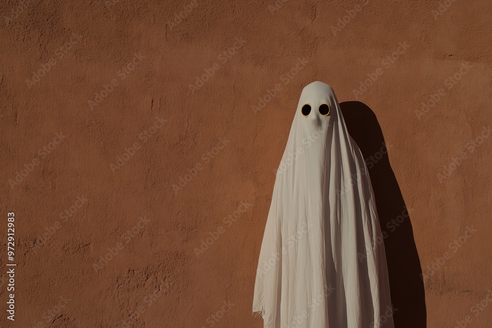 The unrecognizable kid dressed in a masquerade mask and ghost costume standing in the city during Halloween is looking at the camera The unrecognizable kid dressed in a masquerade mask and ghost costume standing in the city during Halloween is looking at the camera