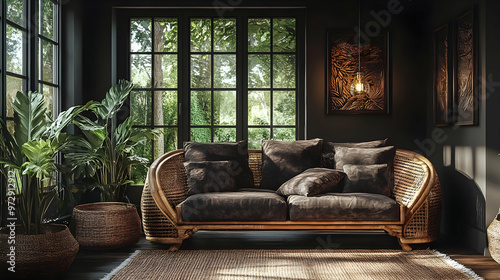 Cozy living space featuring a rattan sofa, plants, and natural light.