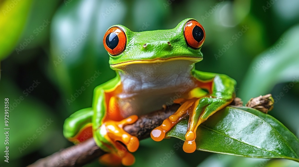 Fototapeta premium closeup of a tree frog in natural habitat , vibrant green leaves background , beautiful and detailed wildlife photography , conservation and ecology of tropical animals
