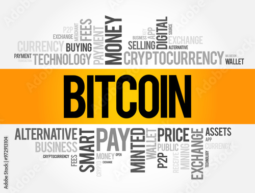 Bitcoin - decentralized digital currency, without a central bank or single administrator, word cloud concept background