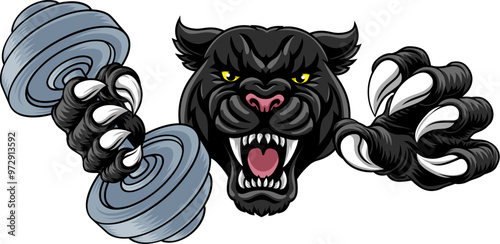 Black panther leopard or jaguar cat weight lifting dumbbell gym sports mascot