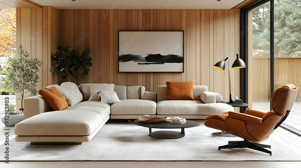 Fototapeta premium Cozy modern living room with a sectional sofa, plants, and stylish decor.