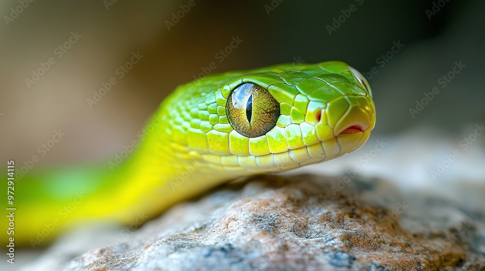 detailed closeup of a green jungle snake resting on a rock, showing its exotic scales and slithering form detailed closeup of a green jungle snake resting on a rock, showing its exotic scales and slithering form