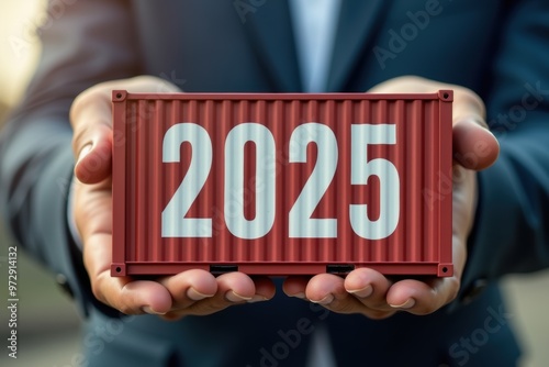 A container with the number 2025 on it sits in the hands of a businessman. Generative AI