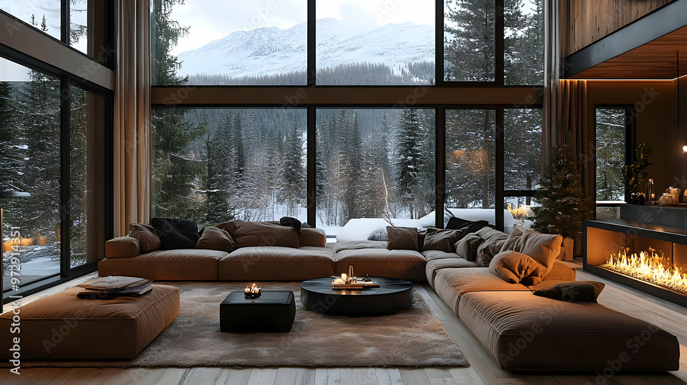 Cozy modern living room with large windows showcasing a snowy mountain landscape.