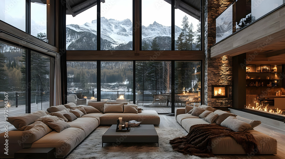 Cozy modern living room with large windows showcasing a snowy mountain landscape. Cozy modern living room with large windows showcasing a snowy mountain landscape.