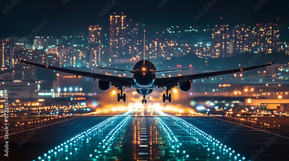 Obraz premium A plane taking off from an airport runway against the background of night city lights