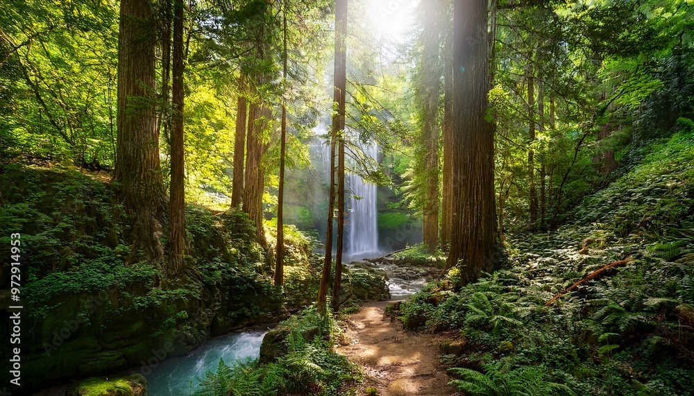 Obraz premium Picture a dense forest with towering trees, dappled sunlight filtering through the leaves