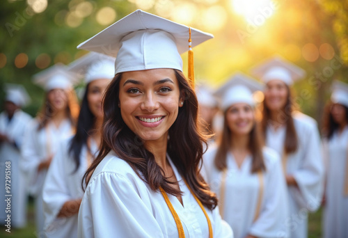 Portrait of a joyful female graduate with blurred students in the sunny background. photo